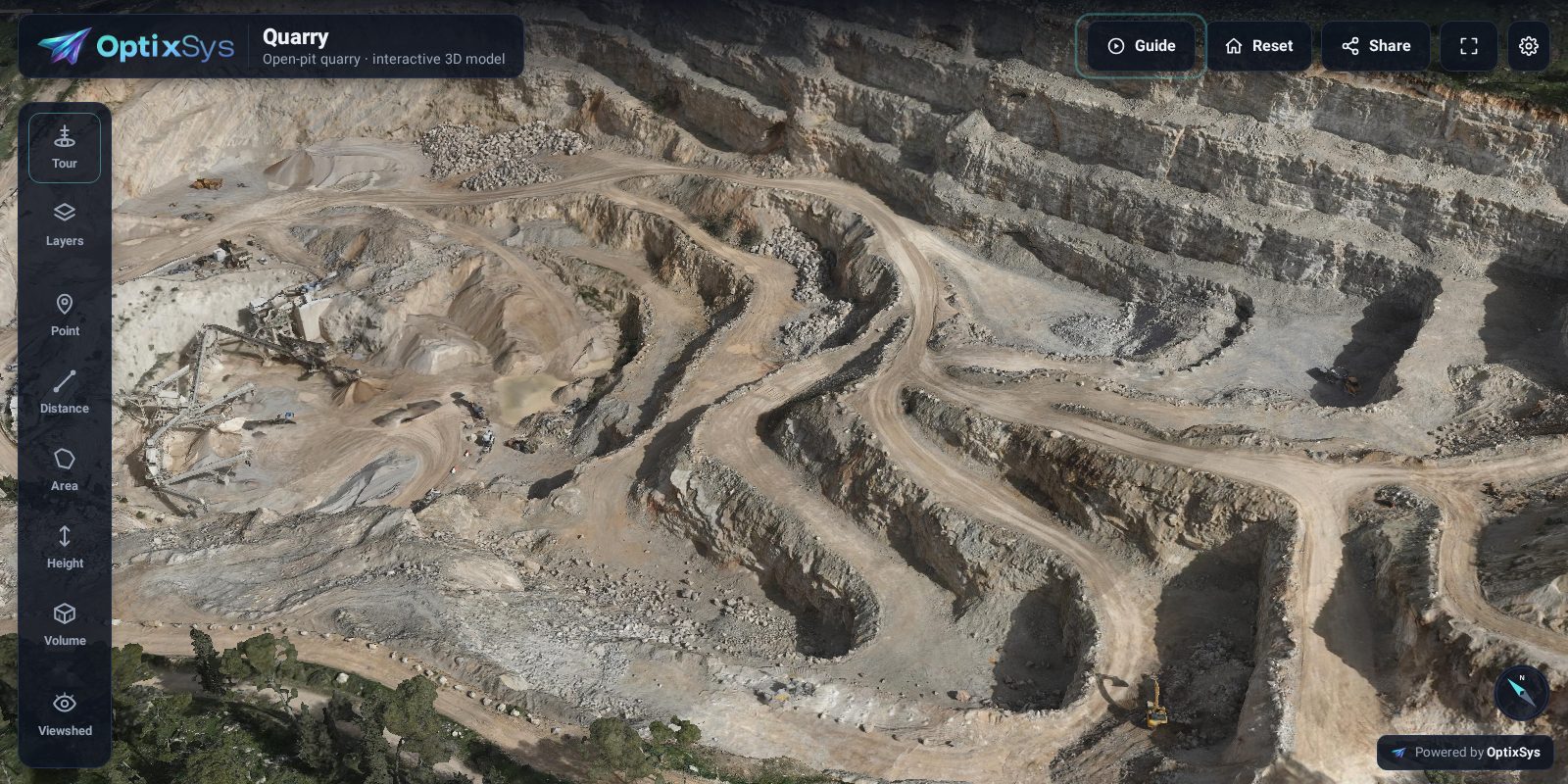 The OptixSys 3D viewer showing an open-pit quarry model